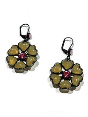 Floral Heart Petal Dangle Earrings Pink Rhinestone